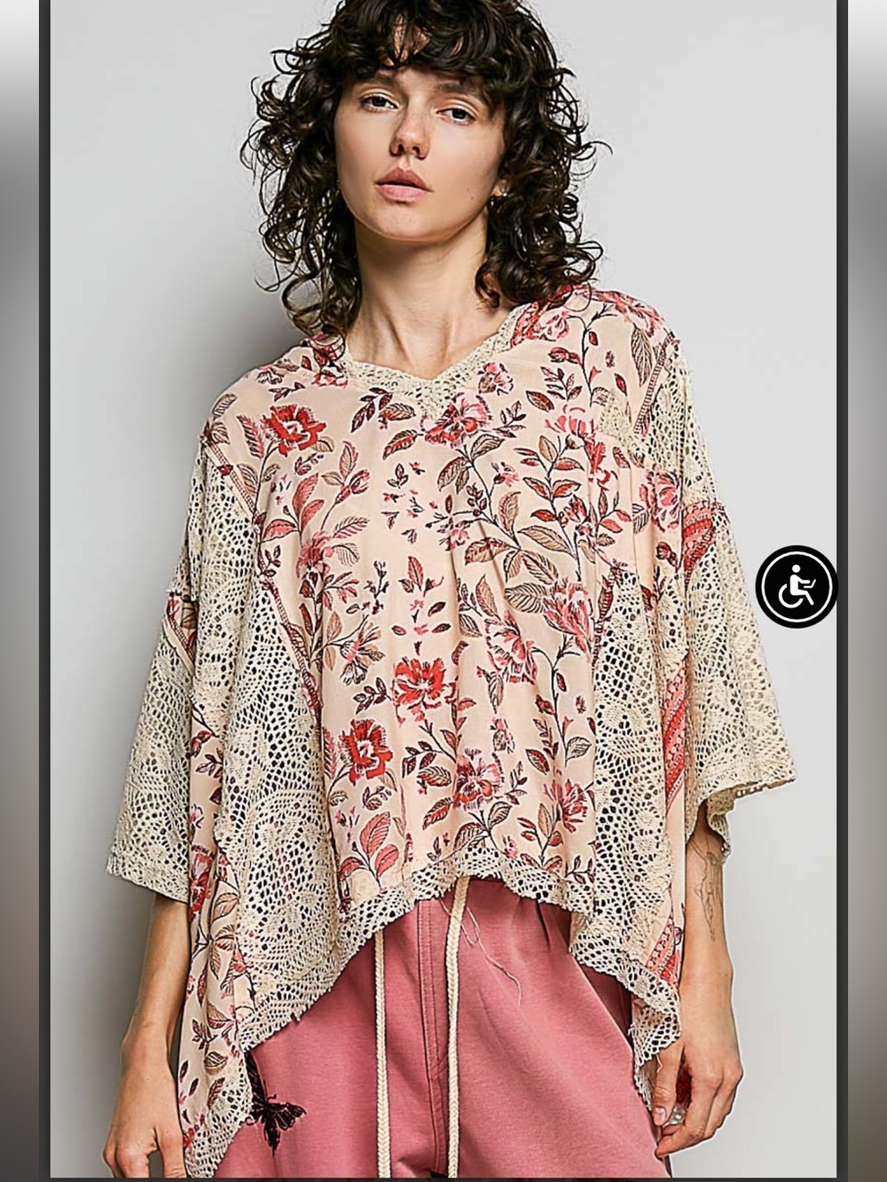 POL Rose Pink Multi Floral Crochet V Neck Hoodie Top